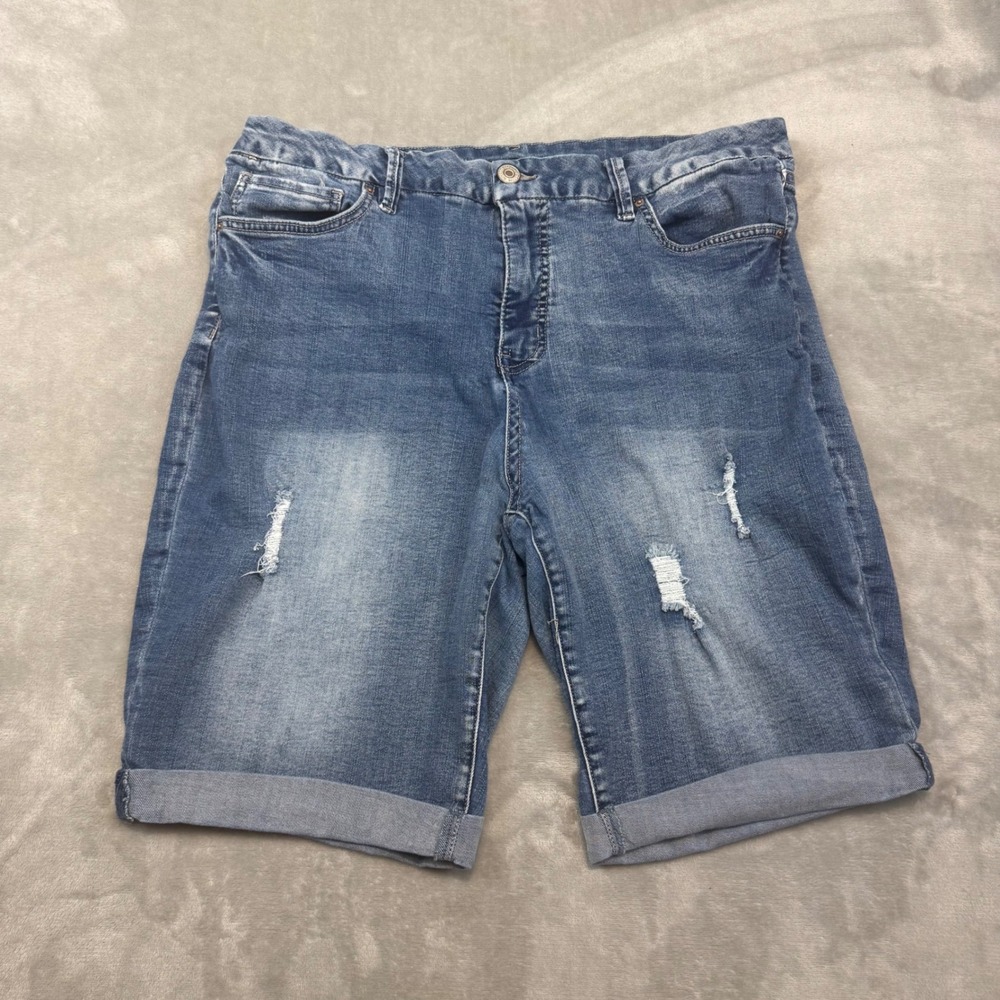 Royalty For Me Curvy Fit Blue Denim Bermuda Shorts Women Size 16 Distressed